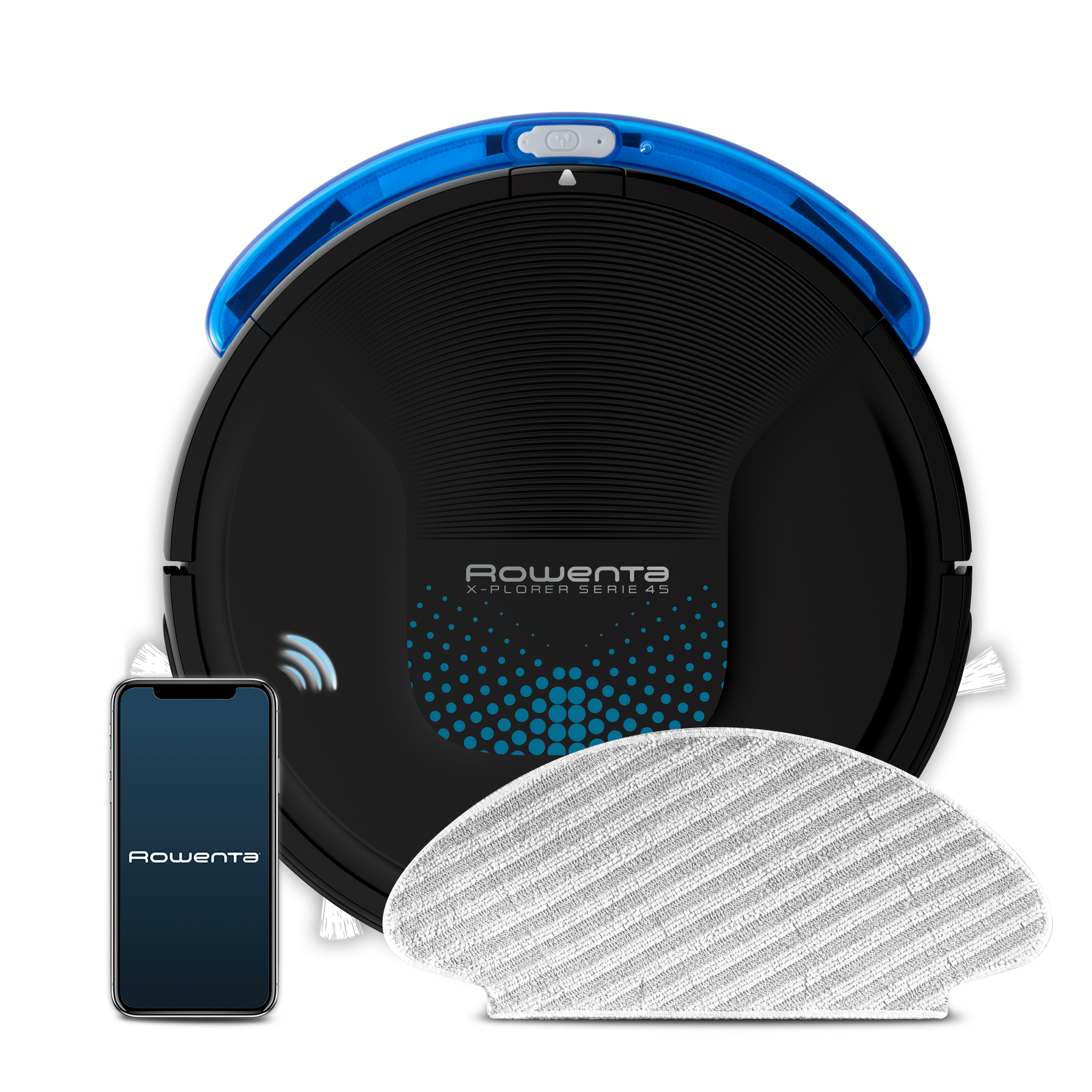  X-Plorer Serie 45 de Rowenta,&nbsp;cepillo motorizado activo, 3 modos de navegación, sistema de fregado Aqua Power, sensores avanzados, batería de litio duradera de hasta 150 min